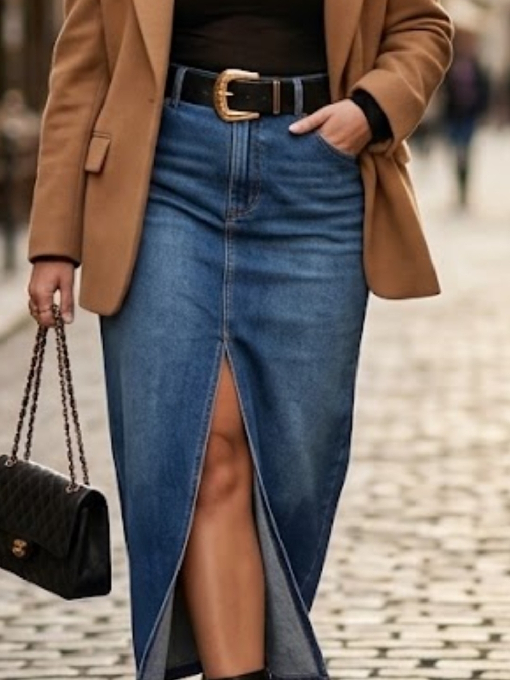 Forever 21 High-Waist Denim Midi Skirt with Front Slit - Blue Size 1X.